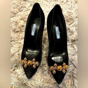 Prada Black suede 4” heel shoes with golden balls decor, size 38.5